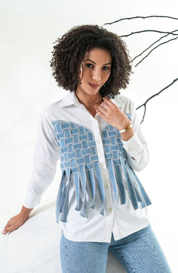 Denim Fringe White Shirt