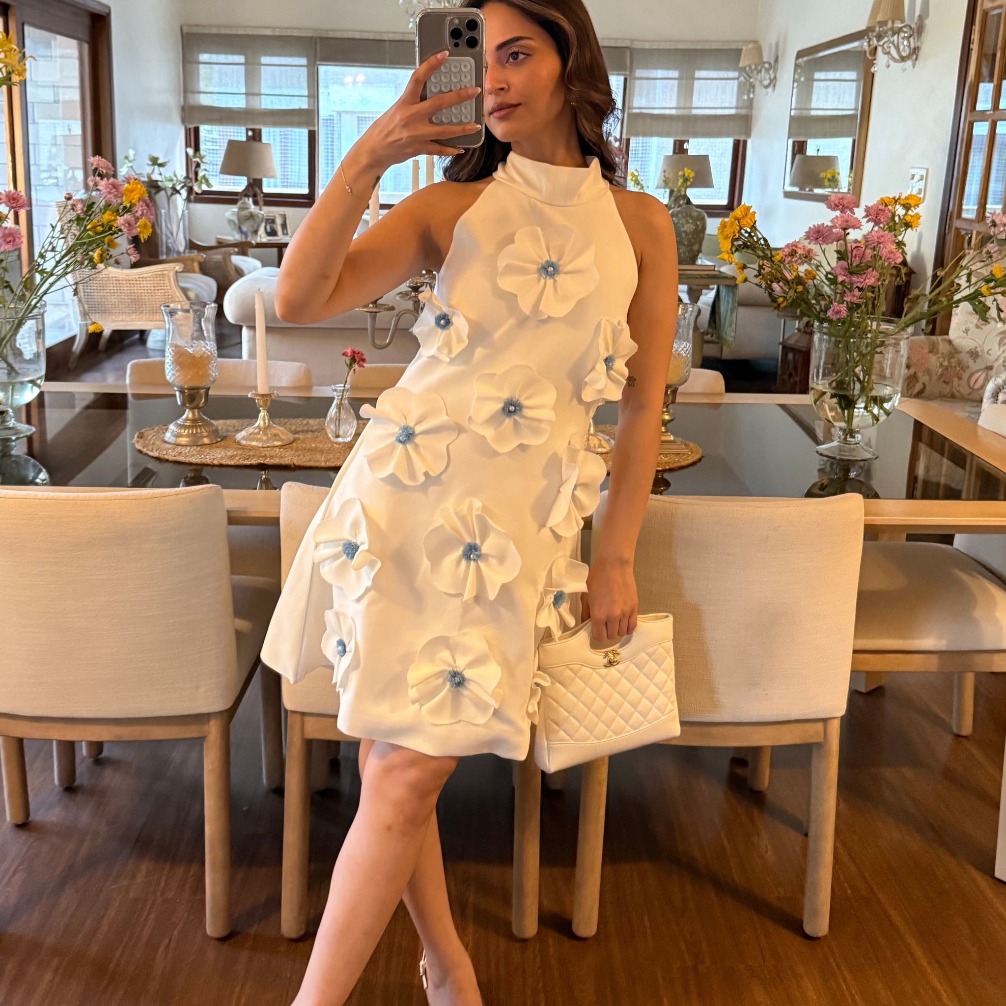 White Dress with Front Flowers