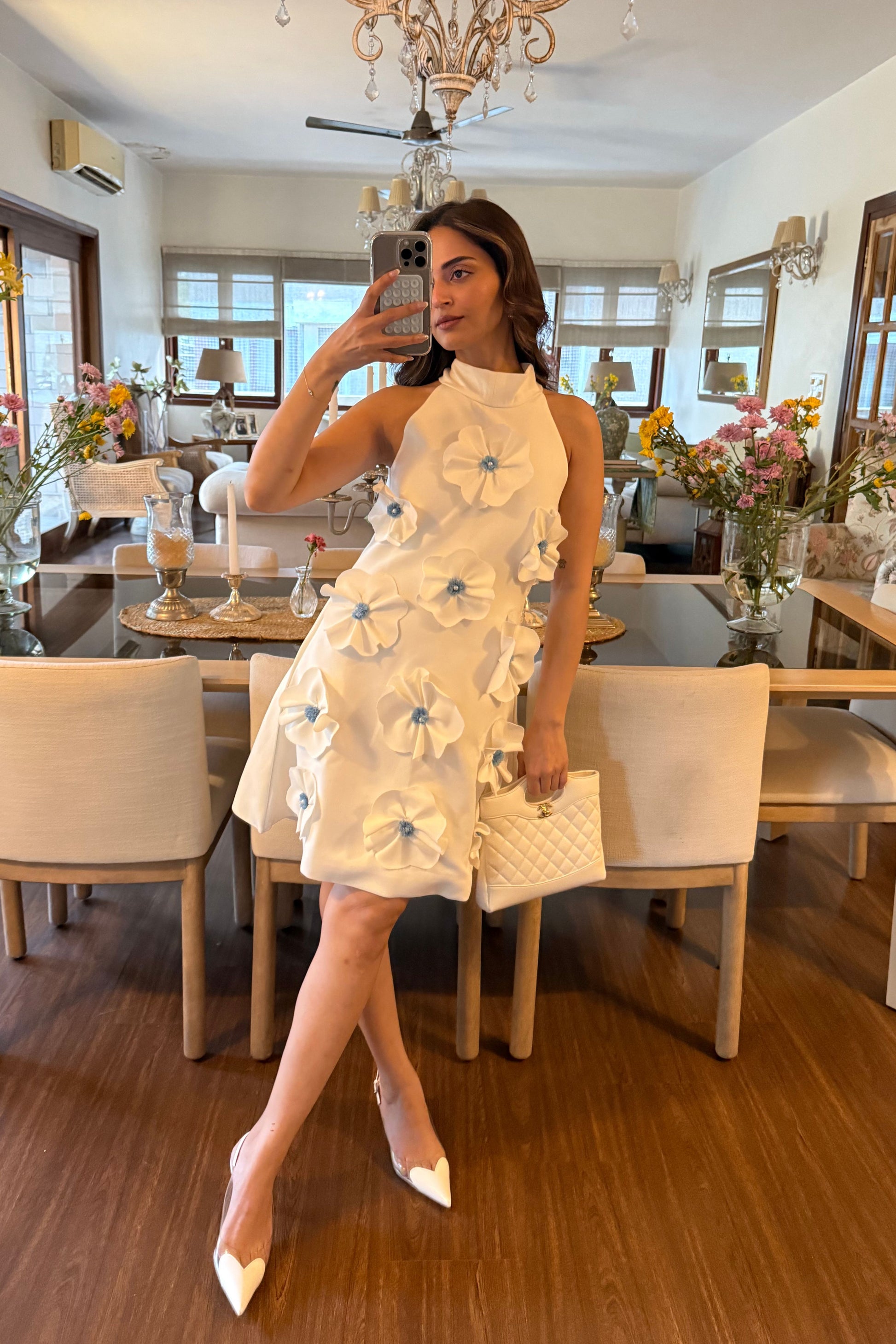 White Dress with Front Flowers White Dress with Front Flowers
