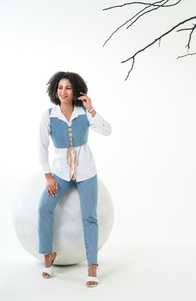 White Shirt with Denim Vest